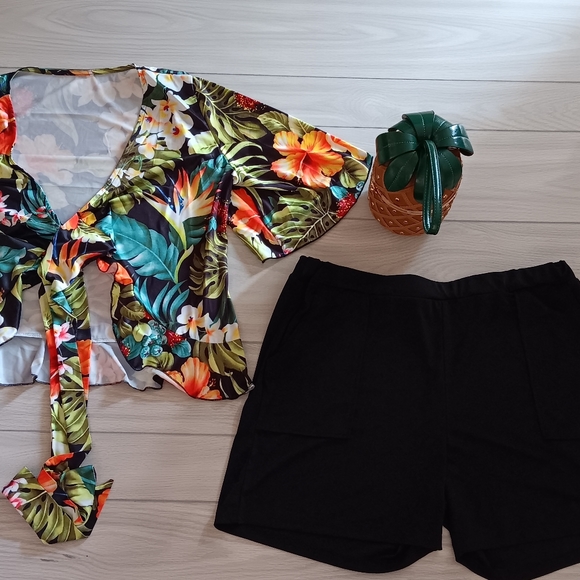 Floral Printed Irregular Lace-Up Shirt Shorts Fashion Casual Two Pieces Set - Picture 15 of 15